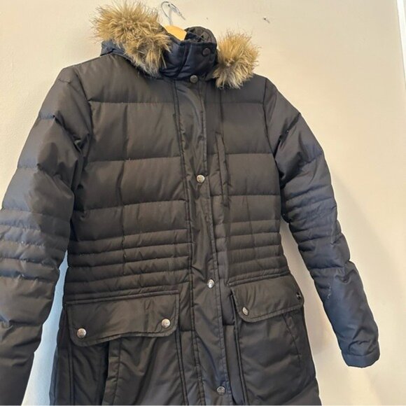 DKNY Black Long Down Puffer Coat Fur Trim Hood Hooded Winter Parka Sz Small - Picture 5 of 16